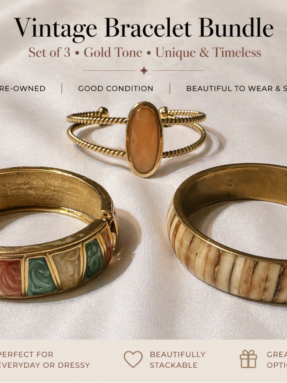 Vintage Gold-Tone Bracelet Bundle with Multicolor Inlay and Cream Accents